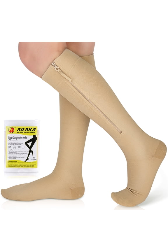 Zipper Compression Socks, 15-20 mmHg Knee High Compression Socks for Men Women, Close Toe Support Socks,Beige