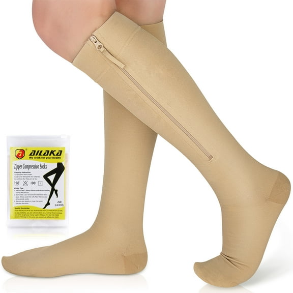 Ailaka Zipper Compression Socks, 15-20 mmHg Knee High Compression Socks for Men Women, Close Toe Support Socks,Beige