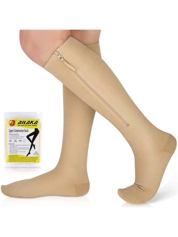 Zipper Compression Socks, 15-20 mmHg Knee High Compression Socks for Men Women, Close Toe Support Socks,Beige