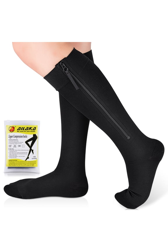 Zipper Compression Socks, 15-20 mmHg Knee High Compression Socks for Men Women, Close Toe Support Socks,Black