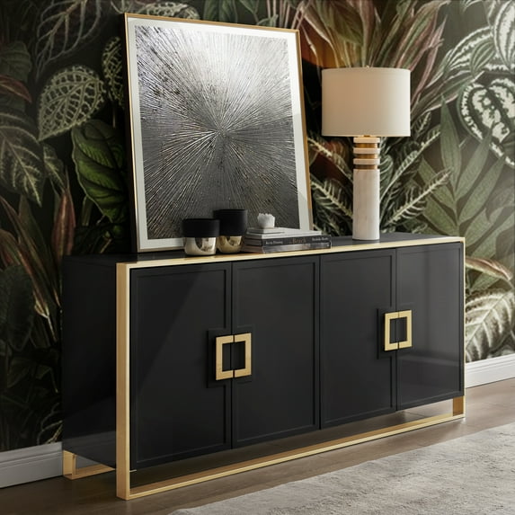 Ailani Black Sideboard/Buffet - 4 Doors, Polished Gold Handle and Leg Tip, 2 Adjustable Shelves