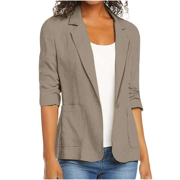 Ailaofu 2025 Summer Linen Blazer Women Lightweight 3/4 Stretchy Ruched Sleeve Fully-Lined Casual Work Jacket with Pockets