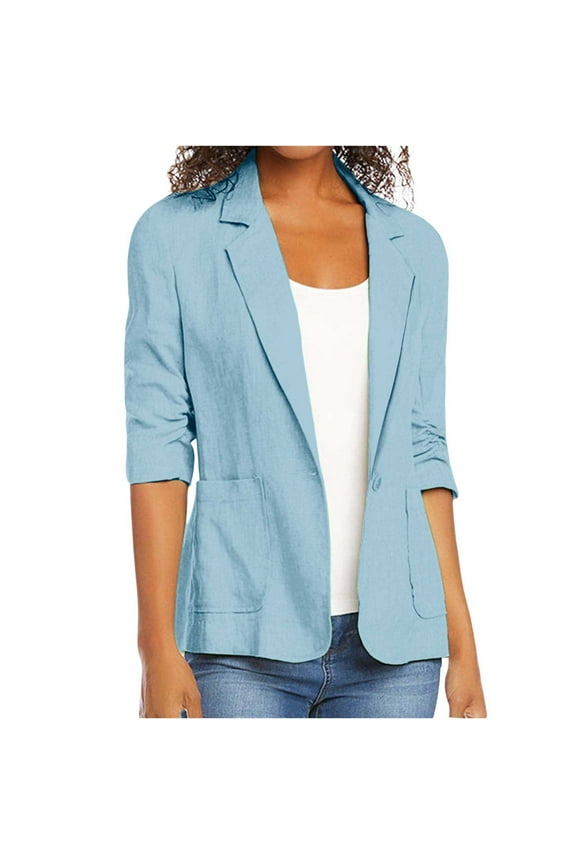 2025 Summer Linen Blazer Women Lightweight 3/4 Stretchy Ruched Sleeve Fully-Lined Casual Work Jacket with Pockets