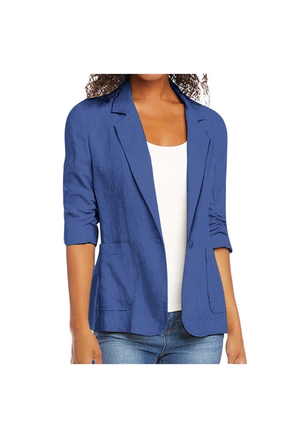 2025 Summer Linen Blazer Women Lightweight 3/4 Stretchy Ruched Sleeve Fully-Lined Casual Work Jacket with Pockets