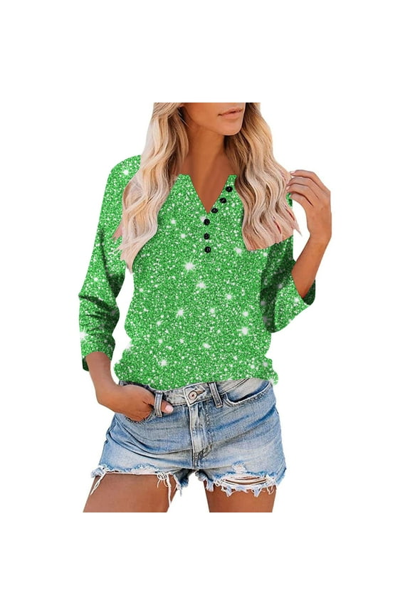 3/4 Length Sleeve Womens Tops with Button Dressy Casual V Neck Summer Outfits Early Fall Fashion Clothes
