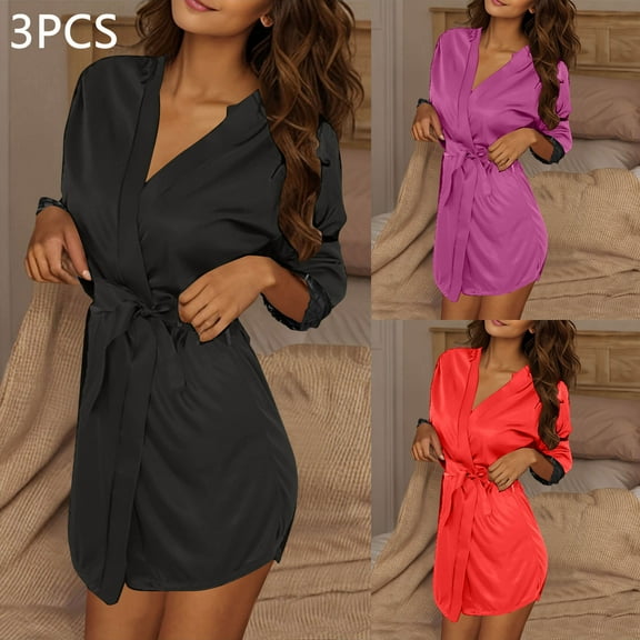 Ailaofu 3PC Women's Lace-Trim Silk Robes Bride Bridesmaid Kimono Satin Bathrobe V Neck Sleepwear with 3/4 Sleeve