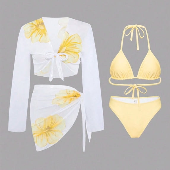 Ailaofu Bikini Sets for Women 4 Piece Floral Print Halter Triangle Swimsuit Cover Up Sets
