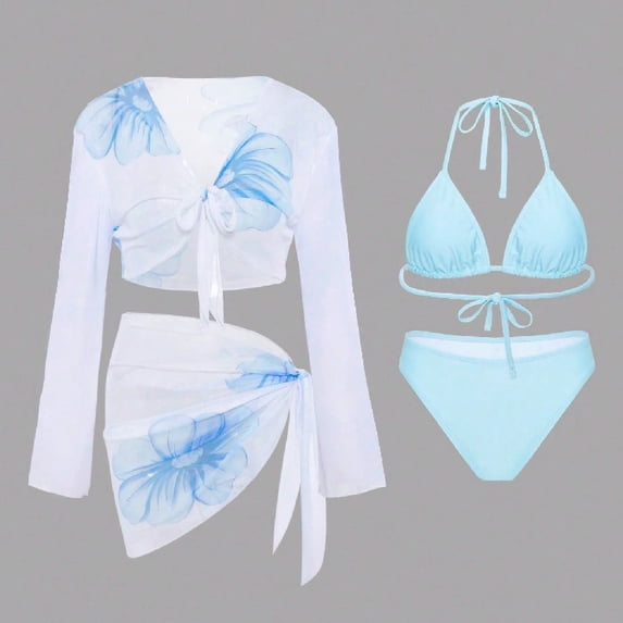 Ailaofu Bikini Sets for Women 4 Piece Floral Print Halter Triangle Swimsuit Cover Up Sets