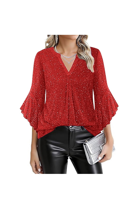 Blouses for Women Dressy Casual 3/4 Sleeve Cowl Neck Sparkly Tops Cocktail Shirts for Evening Party