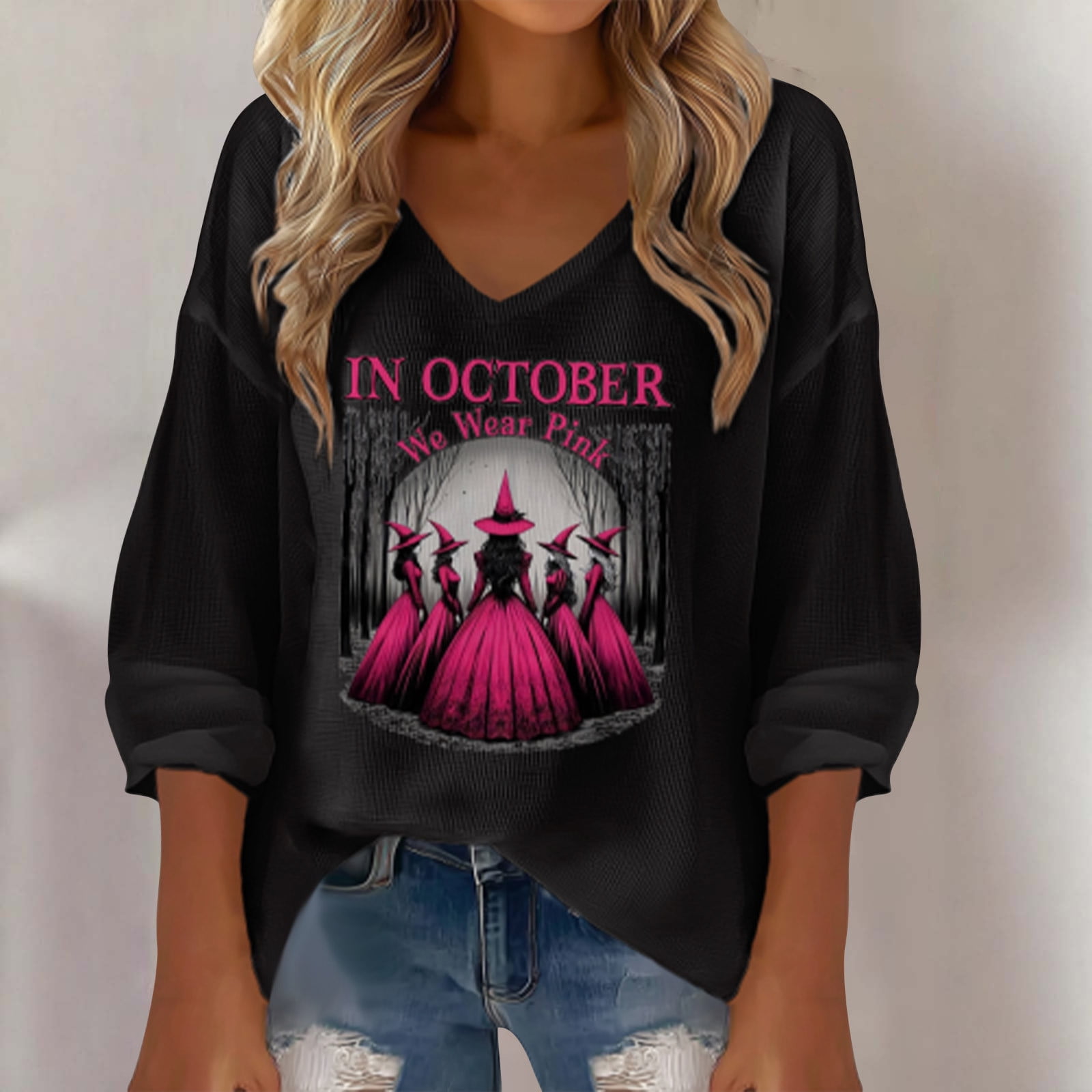 Ailaofu Breast Cancer Shirts for Women Pink Ribbon Long Sleeve Breast