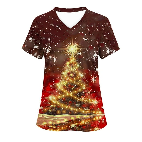 Ailaofu Christmas Scrubs for Women Tops Plus Size Stretch Short Sleeve Nursing Scrub Shirts Cute Printed Holiday Uniform