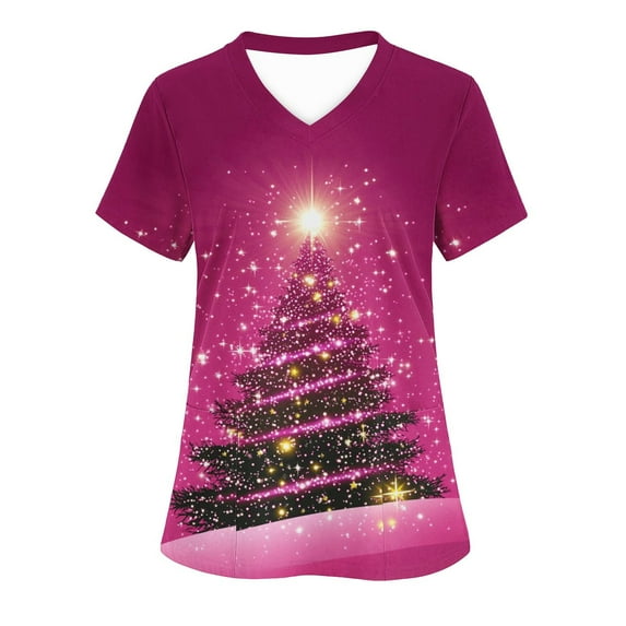 Ailaofu Christmas Scrubs for Women Tops Plus Size Stretch Short Sleeve Nursing Scrub Shirts Cute Printed Holiday Uniform