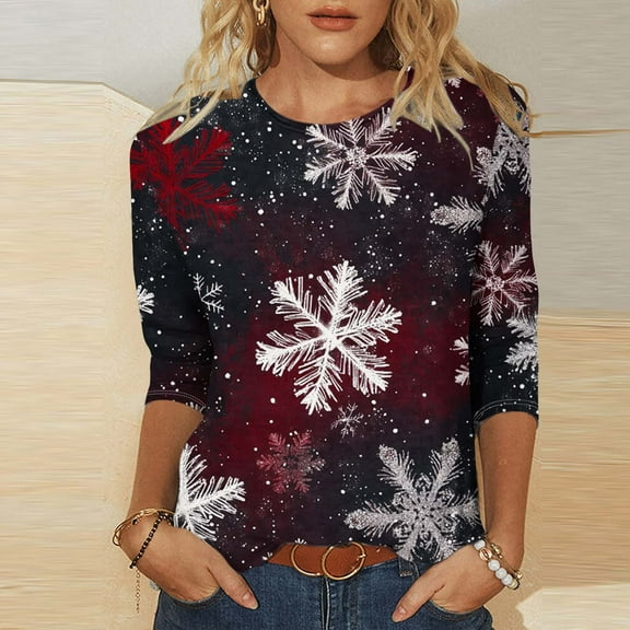 Ailaofu Christmas Shirts for Women 3/4 Sleeve Plus Size Crewneck Loose Fit Cute Holiday Christmas Print Tops for Women 2025