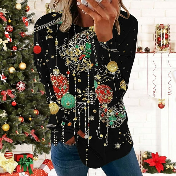 Ailaofu Christmas Sweatshirt Women Funny Ugly Christmas Pullover Shirt Xmas Holiday Santa Prints Long Sleeve Tops