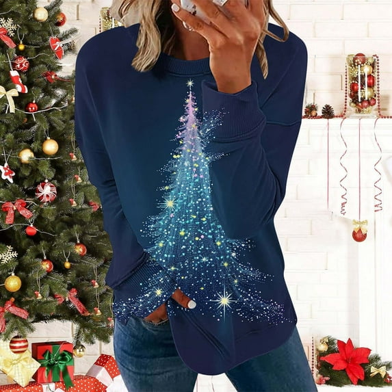 Ailaofu Christmas Sweatshirt Women Funny Ugly Christmas Pullover Shirt Xmas Holiday Santa Prints Long Sleeve Tops