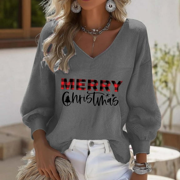Ailaofu Christmas Sweatshirts for Women 3/4 Sleeve Graphic Shirt Funny Cute Xmas V Neck Pullover Tops