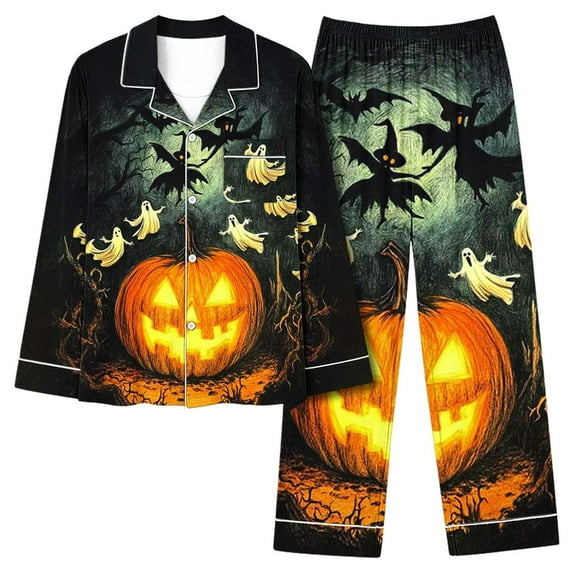 Ailaofu Cute Printed Pajamas Set for Women Casual Long Sleeve Button Down Halloween Loungewear Oversized Sleepwear