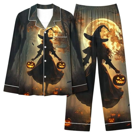 Ailaofu Cute Printed Pajamas Set for Women Casual Long Sleeve Button Down Halloween Loungewear Oversized Sleepwear