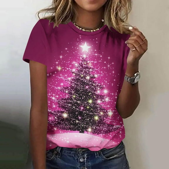 Ailaofu Cute Xmas Tree Graphic Tees for Women Trendy Short Sleeve Ugly Christmas T Shirts Trendy Holiday Christmas Tops