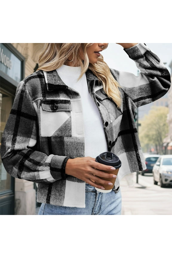 Flannels for Women Cropped Shacket Jacket Fashion Plaid Button Down Shirt 2025 Fall Coat Tops