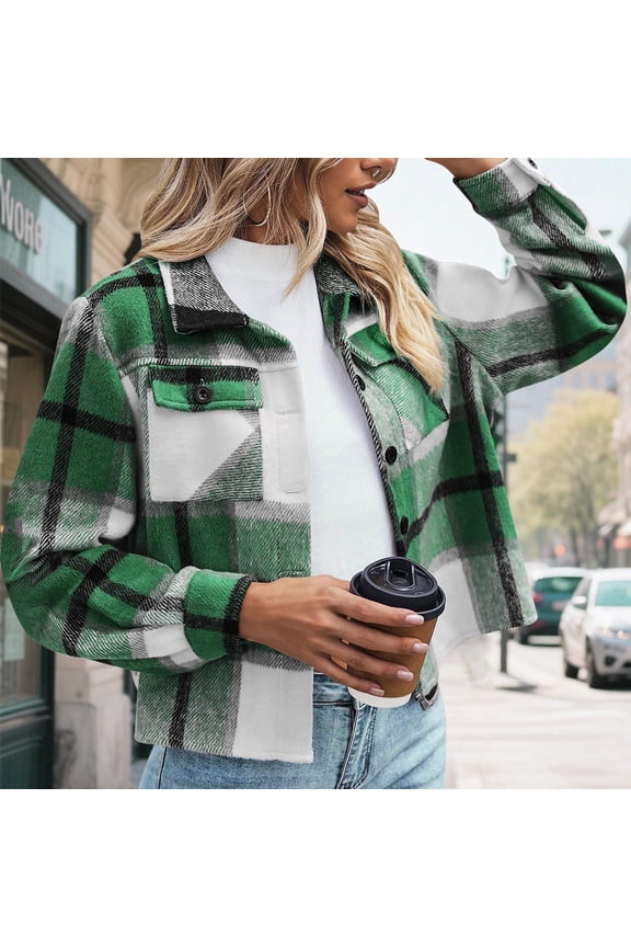 Flannels for Women Cropped Shacket Jacket Fashion Plaid Button Down Shirt 2025 Fall Coat Tops