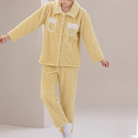 Ailaofu Fluffy Pajamas Set for Women Fleece Coat with Pockets and Pant 2 Piece Pjs Set Soft Chunky Winter Loungewear