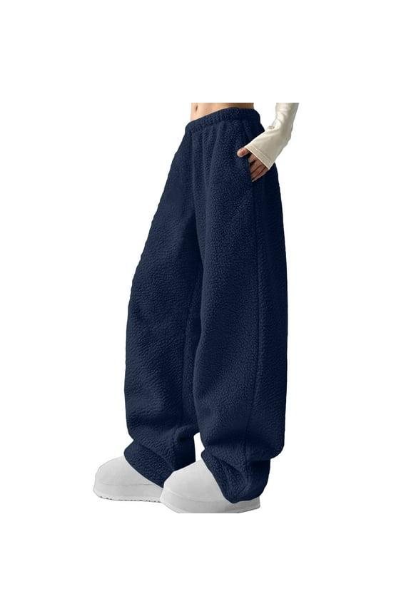 Fuzzy Pajama Pants Women Wide Leg Comfy Lounge Pants with Pockets Winter Warm Sherpa Lined Sweatpants Cute Pjs