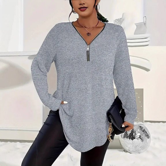 Ailaofu Half Zip Pullover Tops Women 2025 Fall Long Sleeve V Neck T Shirts Business Work Office Blouses Outfits Clothes