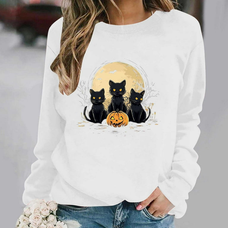 Ailaofu Halloween Black Cat Sweatshirt Women Funny Cat What Shirt