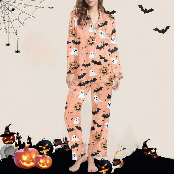 Ailaofu Halloween Pajamas Sets for Women 2 Piece Casual Long Sleeve Lapel Shirts and Long Pants Outfits Fashion Pjs Sets