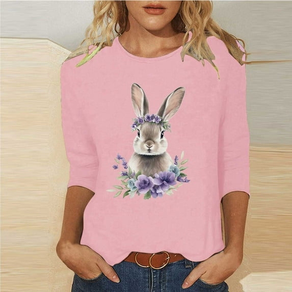 Ailaofu Happy Easter Women's 3/4 Sleeve Tops Crew Neck Summer Bunny ...