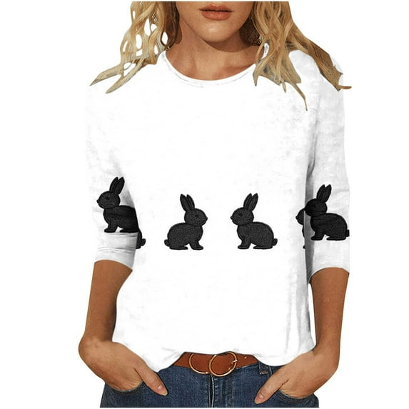 Ailaofu Happy Easter Women's 3/4 Sleeve Tops Crew Neck Summer Bunny ...