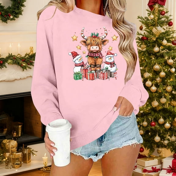 Ailaofu Highland Cow Sweatshirts for Women Christmas Sweatshirts for Women Western Cow Print Shirt Country Western Sweatshirt