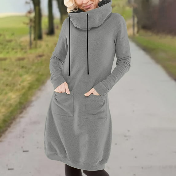 Ailaofu Hoodie Dress for Women Long Sleeve Warmy Oversized Hoodie Dress Solid Color Long Sweatshirt with Pocket