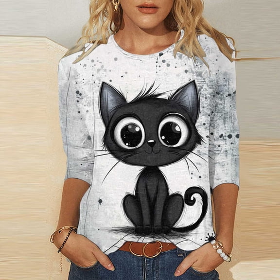 Ailaofu Japanese Print Women's Summer Shirt Flower and Bird Pattern Plus Size Tunic Top Round Neck 3/4 Sleeve Shirt