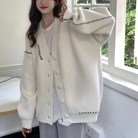 Ailaofu Japanese Striped Oversized Cardigans Knitted Cutecore Preppy V Neck Sweaters for Women Baggy Loose Outerwear