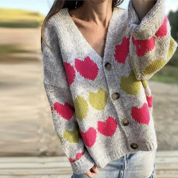 Ailaofu Knitted Long Cardigan Heart Pattern Valentines Sweater Coat for Women Long Sleeve Button Down Casual Loose Outerwear