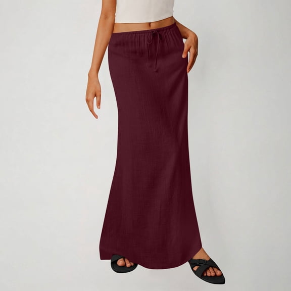 Ailaofu Linen Flared Maxi Skirt Elastic Waist Drawstring Long Flowy Ankle-Length Skirt