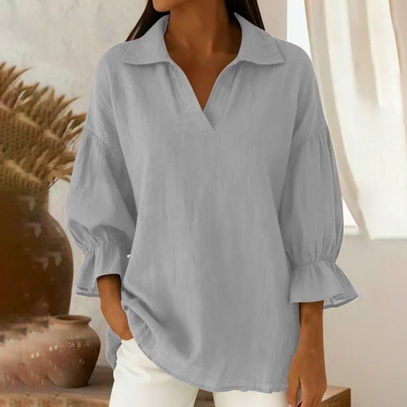 Ailaofu Linen Shirts for Women 3/4 Sleeve Tops Casual Collar Dressy Blouses Loose Three Quarter Length Tunic Tops