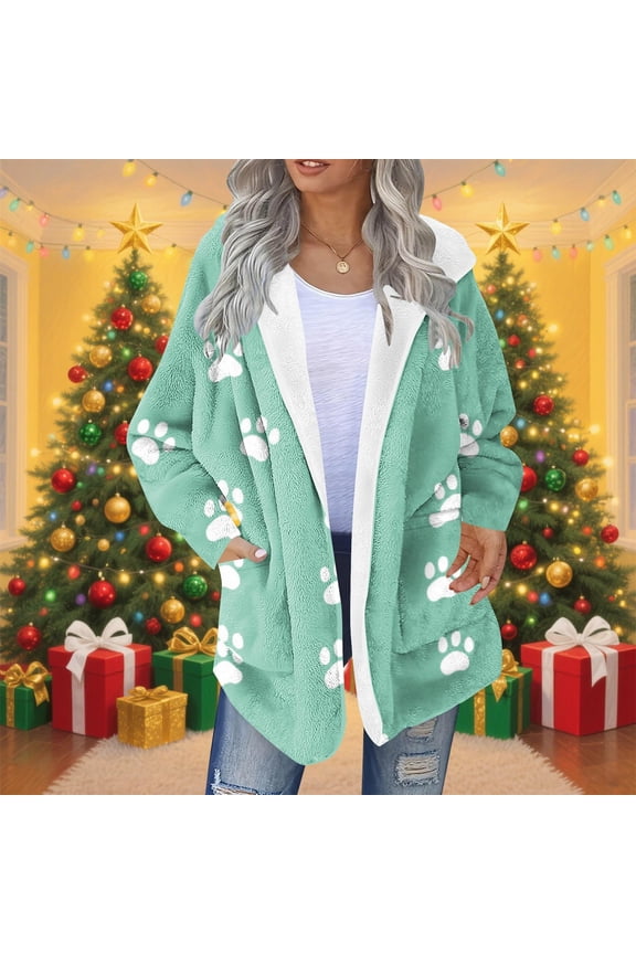 Long Cardigan Sweaters for Women Cat Paw Print Fleece Shacket Jacket with Hood Comfy Fluffy Chunky Sweaters Outerwear