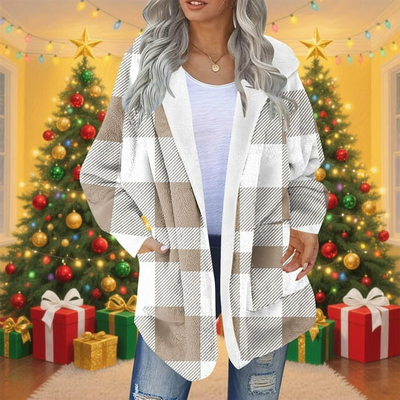Ailaofu Long Cardigan Sweaters for Women Fuzzy Fleece Plaid Shacket Jacket with Hood Comfy Fluffy Chunky Sweaters Outerwear