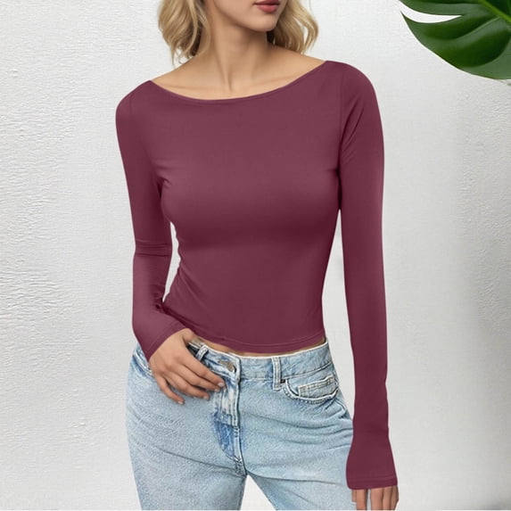 Ailaofu Long Sleeve Shirts for Women 2025 Fall Boat Neck Ribbed Knit Ruched Fitted Going Out Tops Casual Basic Tees