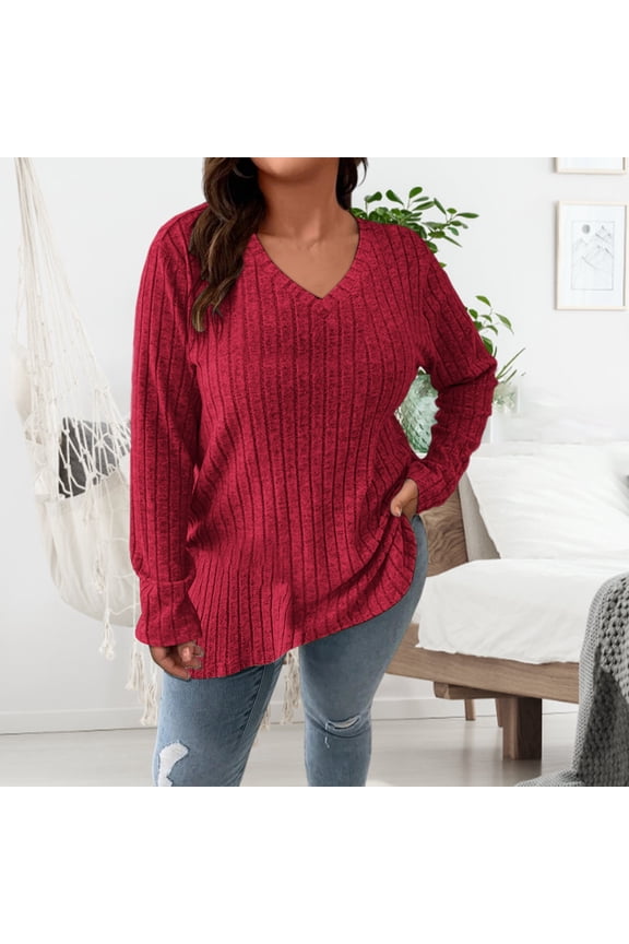 Long Sleeve Shirts for Women V Neck Casual Sweaters Basic Knit Fall Fashion Pullover Tops