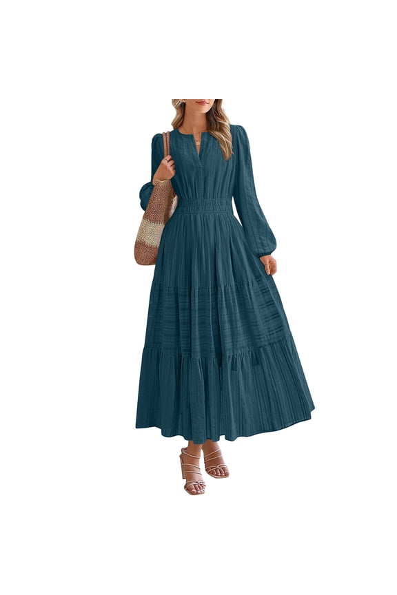Maxi Dress for Women Long Sleeve V Neck Empire Waist Layered Ruffle Boho Casual Flowy Long Dresses