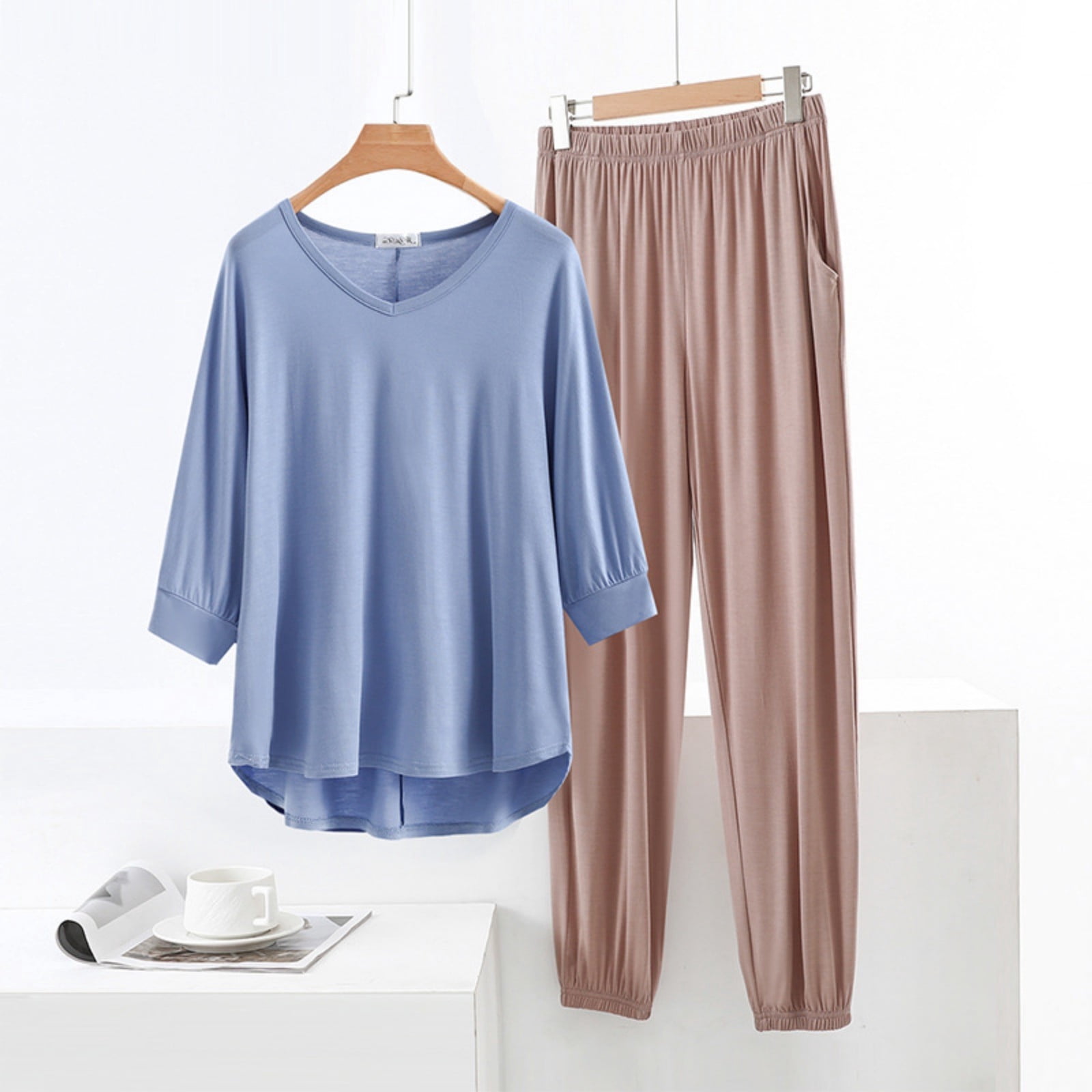 Ailaofu Modal Lounge Sets for Women 3/4 Length Sleeve V Neck Summer ...
