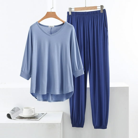 Ailaofu Modal Lounge Sets for Women 3/4 Length Sleeve V Neck Summer Tops Elastic Waist Wide Leg Pants Home clothes