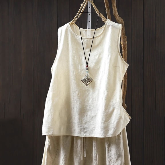 Ailaofu Natural Linen Sleeveless Tank Tops Basic Summer Casual Crewneck Blouse