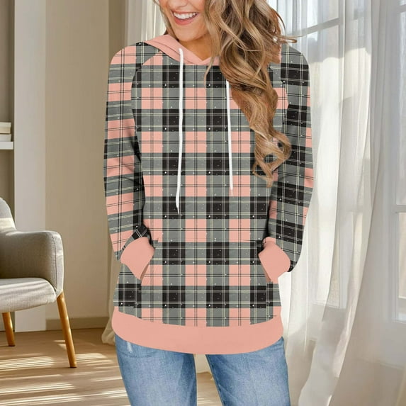 Ailaofu Plaid Hoodies for Women Oversized Long Sleeve Color Block Buttery Soft Pullover Loose Fit Fall Outfit for All Styles