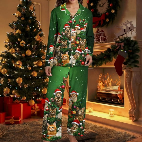 Ailaofu Satin Christmas Pajamas Set for Women Winter Cute Holiday Xmas Graphic Button Up Shirt Pants 2 Piece Pjs Jammies