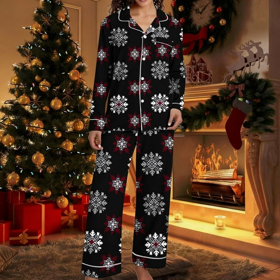 Ailaofu Satin Christmas Pajamas Set for Women Winter Cute Holiday Xmas Graphic Button Up Shirt Pants 2 Piece Pjs Jammies